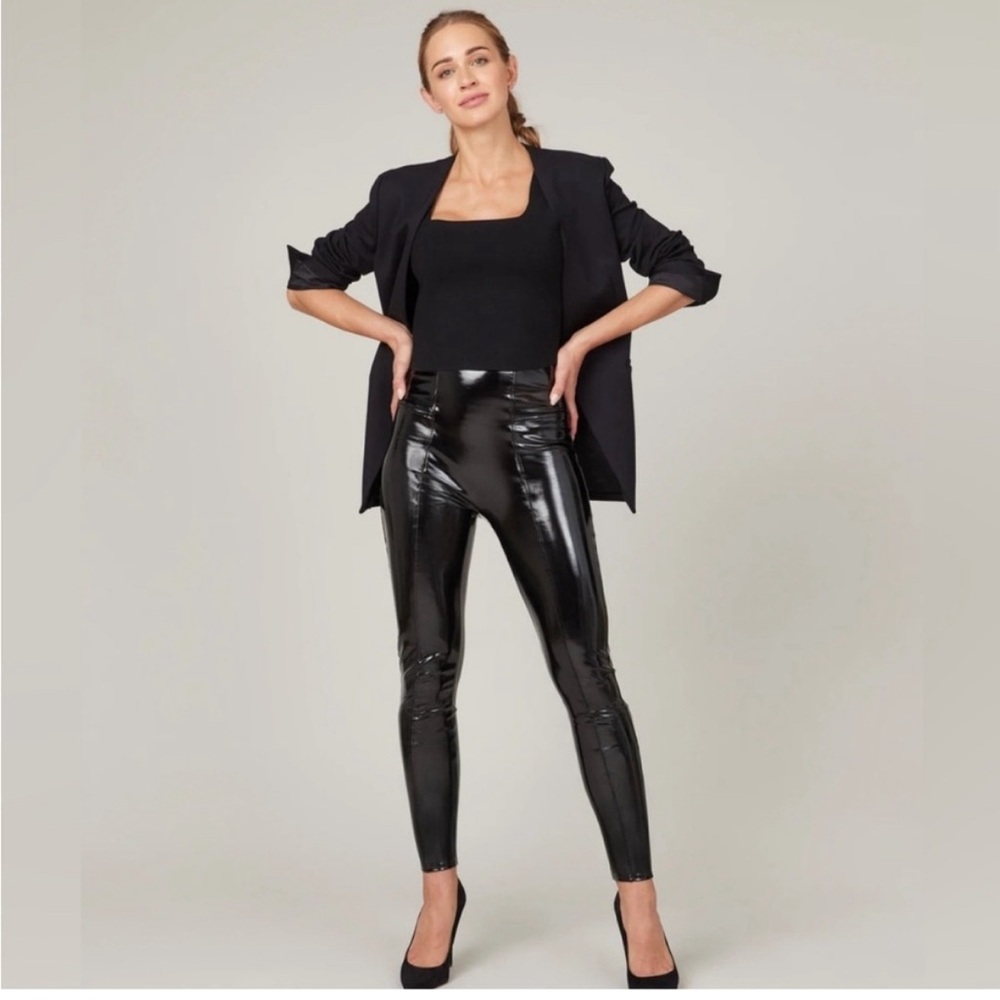 SPANX FAUX PATENT LEATHER Leggings Pants size M Black Shine Party Fun